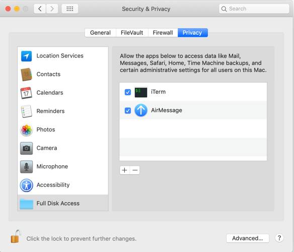 Comment utiliser iMessage sur Android avec AirMessage et un Mac 6 Configuration de l'accès complet au disque pour le serveur AirMessage