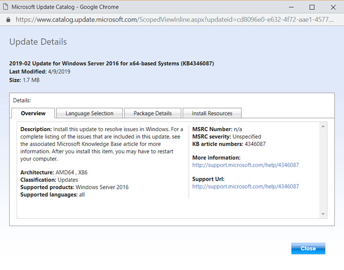 Comment utiliser le catalogue Microsoft Windows Update pour les mises à jour Windows 10 Écran Détails du catalogue Windows Update