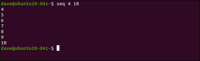 Comment utiliser la commande seq sous Linux 7 seq 4 10 dans une fenêtre de terminal.