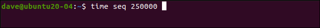 Comment utiliser la commande seq sous Linux 11 time seq 250000 dans une fenêtre de terminal.