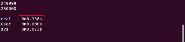 Comment utiliser la commande seq sous Linux 12 Résultats de synchronisation pour la commande seq 250000 dans une fenêtre de terminal.