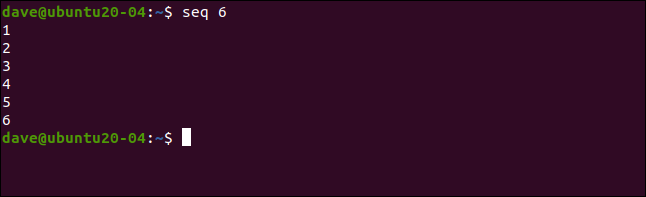 Comment utiliser la commande seq sous Linux 6 La commande "seq 6" dans une fenêtre de terminal.