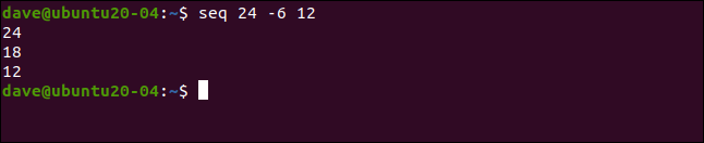 Comment utiliser la commande seq sous Linux 9 seq 24 -6 12 dans une fenêtre de terminal.