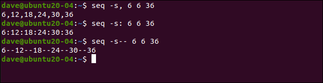 Comment utiliser la commande seq sous Linux 14 seq s, 6 6 36 dans une fenêtre de terminal.