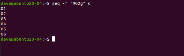 Comment utiliser la commande seq sous Linux 15 seq -f "% 02g" 6 dans une fenêtre de terminal.