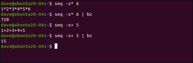 Comment utiliser la commande seq sous Linux 18 seq -s * 6 dans une fenêtre de terminal.