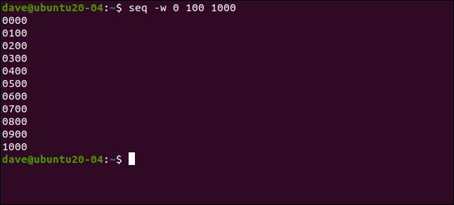Comment utiliser la commande seq sous Linux 17 seq -w 0 100 1000 dans une fenêtre de terminal.