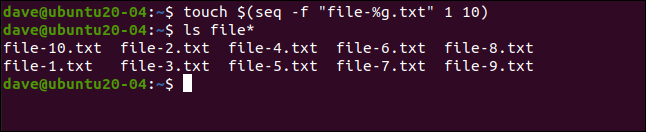 Comment utiliser la commande seq sous Linux 19 touchez $ (seq -f "file-% g.txt" 1 10) dans une fenêtre de terminal.