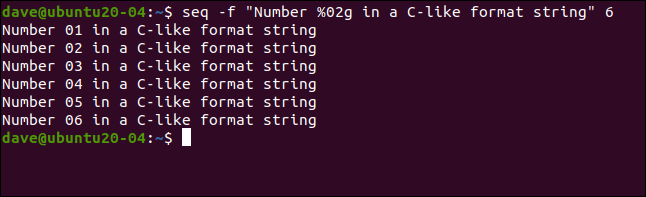 Comment utiliser la commande seq sous Linux 16 seq -f "Numéro% 02g dans une chaîne de format de type C" 6 dans une fenêtre de terminal.
