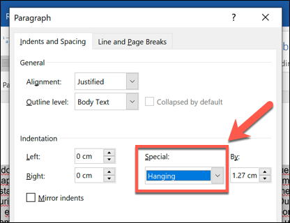 Comment ajouter un retrait suspendu dans Microsoft Word 9 Sélectionnez "Accrocher" dans le menu déroulant "Spécial" dans la fenêtre d