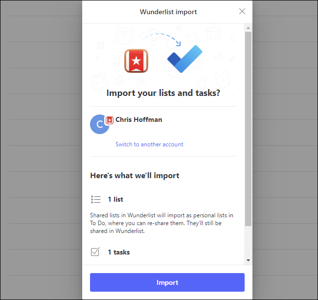 Comment passer de Wunderlist à Microsoft To Do 8 L'invite de confirmation d'importation Wunderlist dans Microsoft To Do