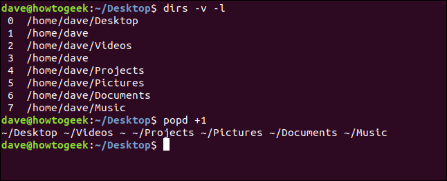 Comment utiliser pushd et popd sous Linux 14 Les commandes "dirs -v -l" et "popd +1" dans une fenêtre de terminal.