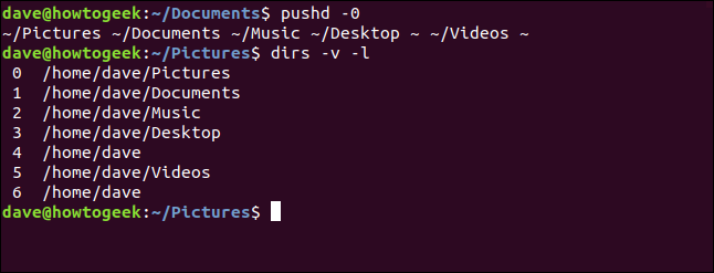 Comment utiliser pushd et popd sous Linux 13 La commande "pushd -0" dans une fenêtre de terminal.