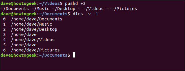 Comment utiliser pushd et popd sous Linux 12 La commande "pushd +3" dans une fenêtre de terminal.