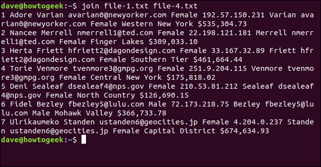 Comment utiliser la commande join sous Linux 10 La commande "join file-1.txt file-4.txt" dans une fenêtre de terminal.