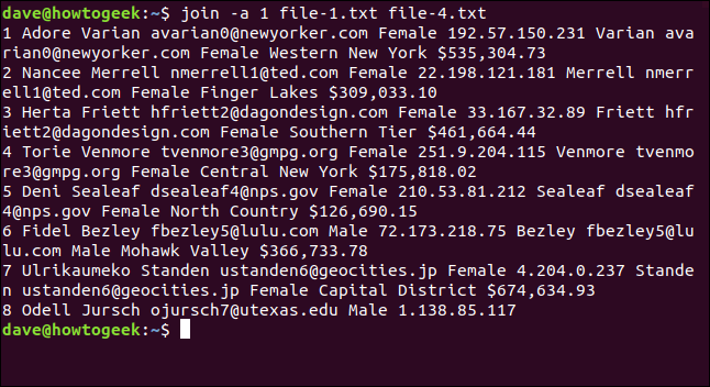 Comment utiliser la commande join sous Linux 11 La commande "join -a 1 file-1.txt file-4.txt" dans une fenêtre de terminal.