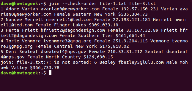 Comment utiliser la commande join sous Linux 9 La commande "join --check-order file-1.txt file-3.txt" dans une fenêtre de terminal.