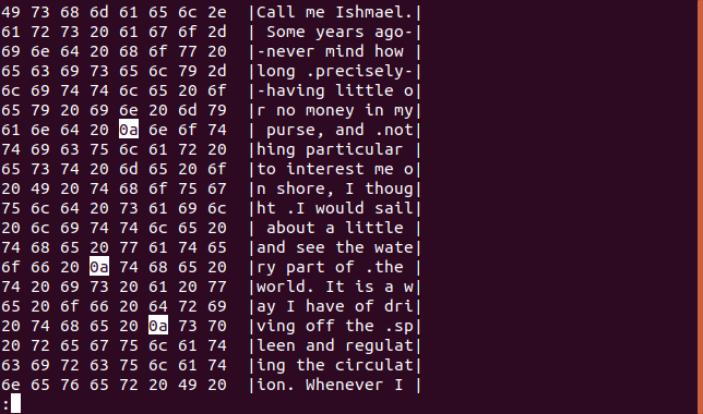 Comment utiliser la commande fold sous Linux 11 Sortie de hexdump en moins dans une fenêtre de terminal avec des caractères de nouvelle ligne en surbrillance