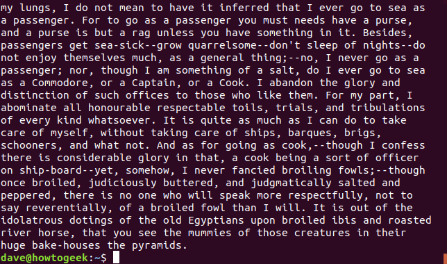 Comment utiliser la commande fold sous Linux 17 Sortie d'un fold -w 75 short-lines-moby-dick.txt dans une fenêtre de terminal