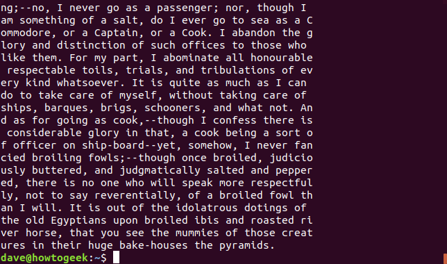 Comment utiliser la commande fold sous Linux 13 Sortie du pli avec le texte Moby Dick affiché avec une longueur maximale de 50 caractères, dans une fenêtre de terminal