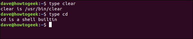 Comment ajouter un répertoire à votre $ PATH sous Linux 6 Les commandes "type clear" et "type cd" dans une fenêtre de terminal.
