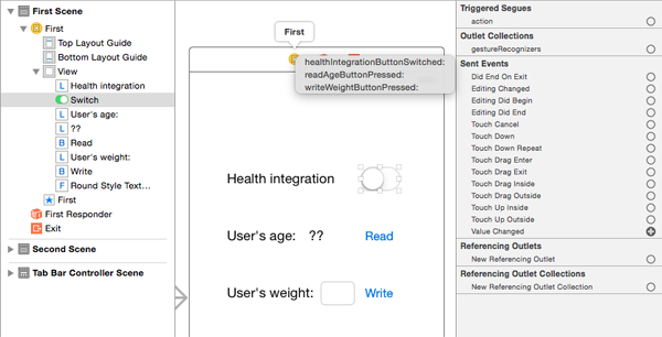 Premiers pas avec HealthKit: Partie 2 6 Interface utilisateur - connexion des prises 1