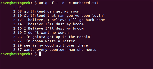 Comment utiliser la commande uniq sous Linux 26 La commande "uniq -f 1 -d -c numbered.txt" dans une fenêtre de terminal.