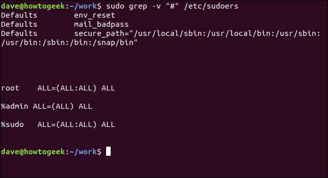 Comment utiliser la commande grep sous Linux 26 sudo grep -v "#" / etc / sudoers dans une fenêtre de terminal