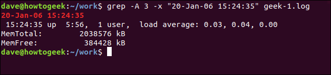 Comment utiliser la commande grep sous Linux 33 grep -A 3 -x "20-Jan-06 15:24:35" geek-1.log dans une fenêtre de terminal