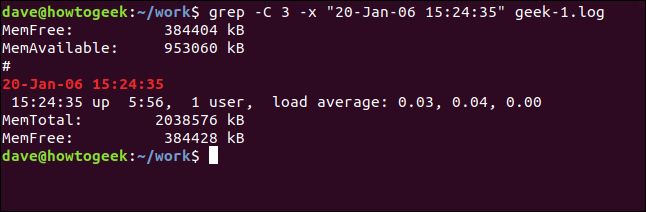 Comment utiliser la commande grep sous Linux 35 grep -C 3 -x "20-Jan-06 15:24:35" geek-1.log dans une fenêtre de terminal