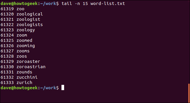 Comment utiliser la commande tail sous Linux 7 tail -n 15 word-list.txt dans une fenêtre de terminal