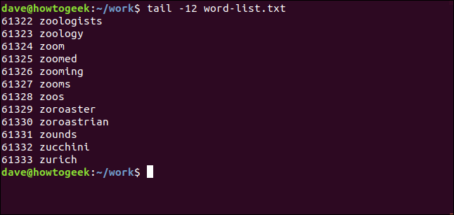 Comment utiliser la commande tail sous Linux 8 tail -12 word-list.txt dans une fenêtre de terminal