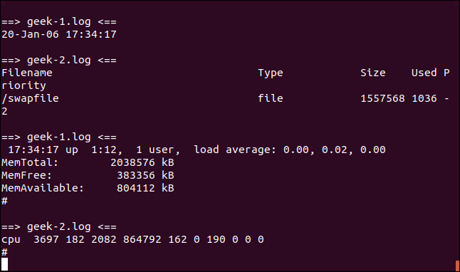 Comment utiliser la commande tail sous Linux 22 Sortie de tail -f -n 5 geek-1.log geek-2.log