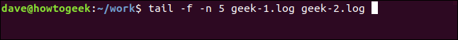 Comment utiliser la commande tail sous Linux 21 tail -f -n 5 geek-1.log geek-2.log dans une fenêtre de terminal