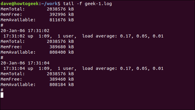 Comment utiliser la commande tail sous Linux 19 Sortie de tail -f geek-1.log dans une fenêtre de terminal