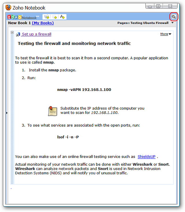 Ajouter des notes à Zoho Notebook dans Firefox 8 Ajouter des notes à Zoho Notebook dans Firefox 4