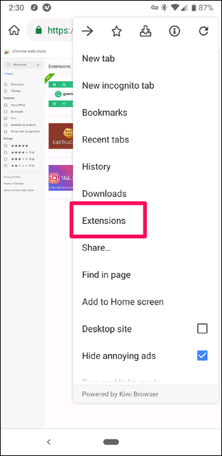 Comment installer les extensions Chrome de bureau sur Android 10 Le menu du navigateur Kiwi