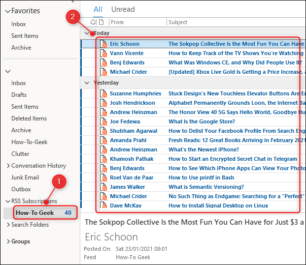 Comment utiliser Microsoft Outlook comme lecteur de flux RSS 13 Le nouveau dossier de flux et les articles téléchargés.