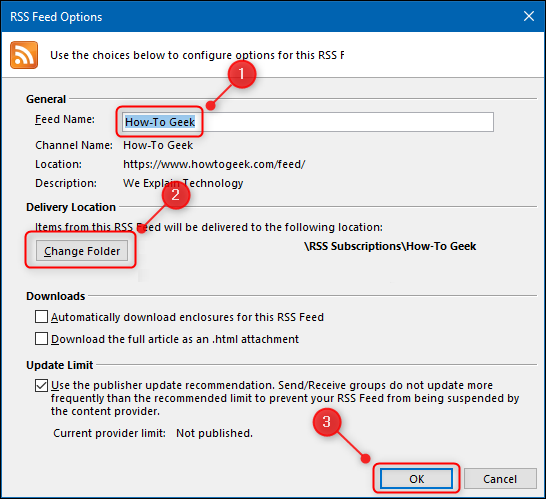Comment utiliser Microsoft Outlook comme lecteur de flux RSS 11 La fenêtre "Options de flux RSS".