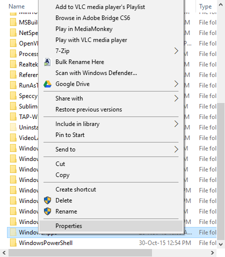 Propriétés de sélection de dossier windowsapps Propriétés de sélection de dossier windowsapps