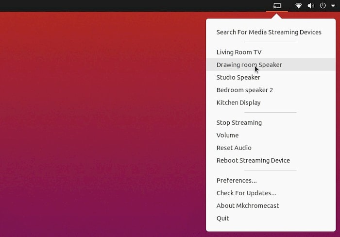 Comment diffuser de l'audio de Linux vers Chromecast et Google Home 6 Capture d'écran de tous les appareils Chromecast et Google Home disponibles sur le réseau.