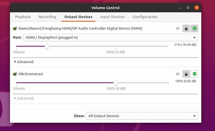 Comment diffuser de l'audio de Linux vers Chromecast et Google Home 7 Capture d'écran de pavucontrol montrant l'onglet Périphériques de sortie où vous pouvez sélectionner Mkchromecast pour diffuser de l'audio.