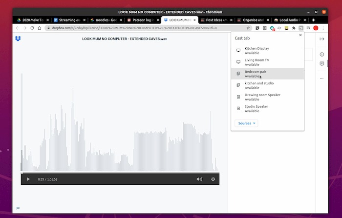 Comment diffuser de l'audio de Linux vers Chromecast et Google Home 9 Capture d'écran montrant la diffusion native d'un fichier distant (par Look Mum No Computer) sur l'un de nos appareils Chromecast.