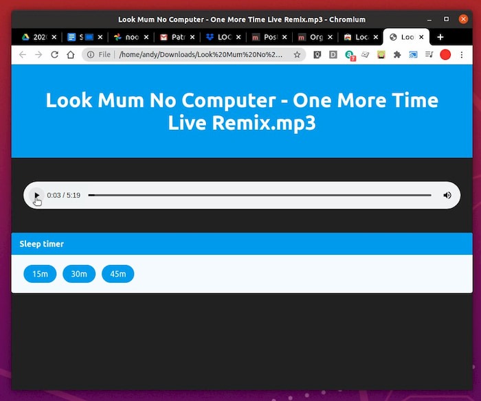 Comment diffuser de l'audio de Linux vers Chromecast et Google Home 10 Capture d'écran montrant l'extension Local Audio Player en train de faire son travail. Qui joue l'audio local.
