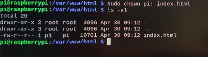 Comment transformer votre Raspberry Pi en serveur Web personnel 7 Nous avons ajouté "Pi" en tant que propriétaire de ce répertoire.
