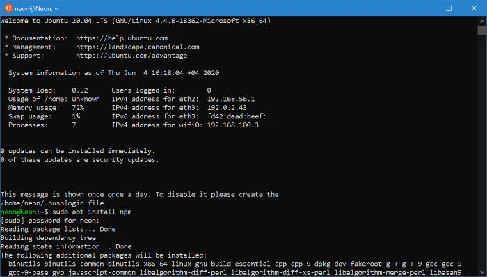 Comment installer Linux sur Windows 10 avec WSL 11 Wsl Démarrer l'installation Npm