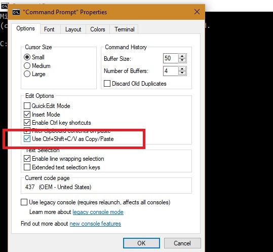 Comment activer le copier-coller dans l'invite de commande Windows 10 6 Cmd Copier Coller Sélectionner Options 1