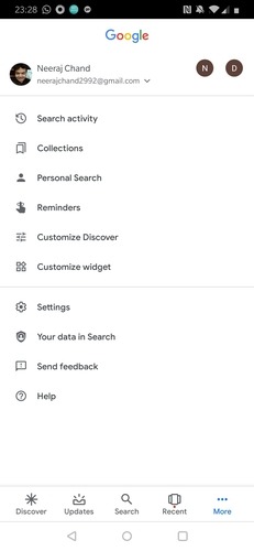 Menu du compte de l'application Google Menu du compte de l'application Google