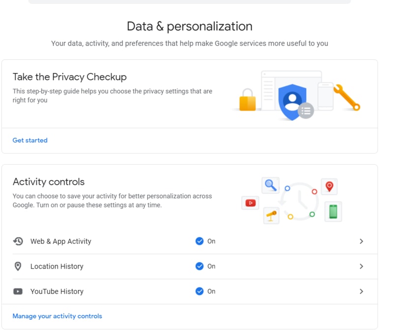 Section Données et personnalisation Google Section Données et personnalisation Google