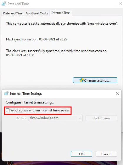 La barre des tâches et le menu Démarrer ne fonctionnent pas dans Windows 11 Dev Build ? Voici le correctif ! 12 Désactiver la synchronisation de l'heure et de la date